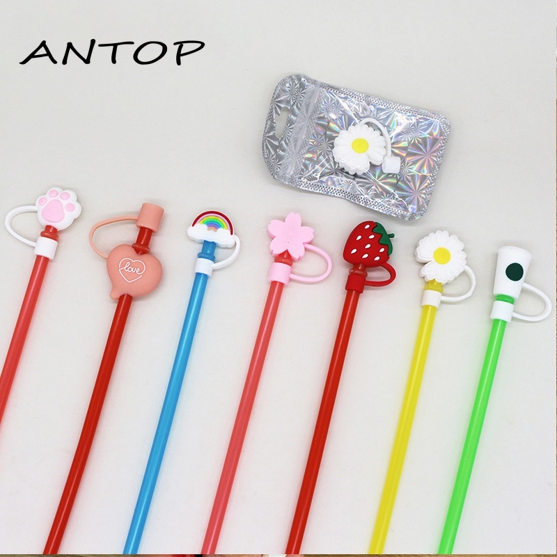 Tutup Sedotan Universal Anti Debu Reusable Bentuk Bunga Daisy/Strawberry/Telapak Hewan Bahan Silikon ANTOP