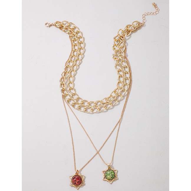 LRC Kalung Fashion Golden Hexagonal Crystal Alloy Thick Chain Multilayer Necklace P06566