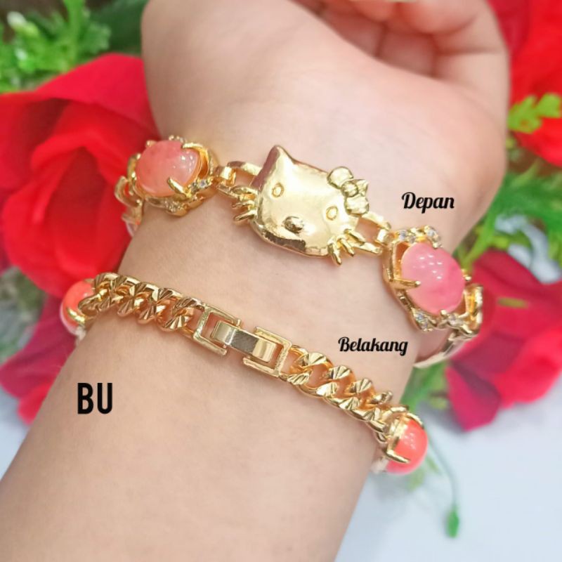 NEW!!! TERBARU GELANG TANGAN WANITA TITANIUM MOTIF HK DAN BATU GIOK ANTI ALERGI LAPIS EMAS GOLD