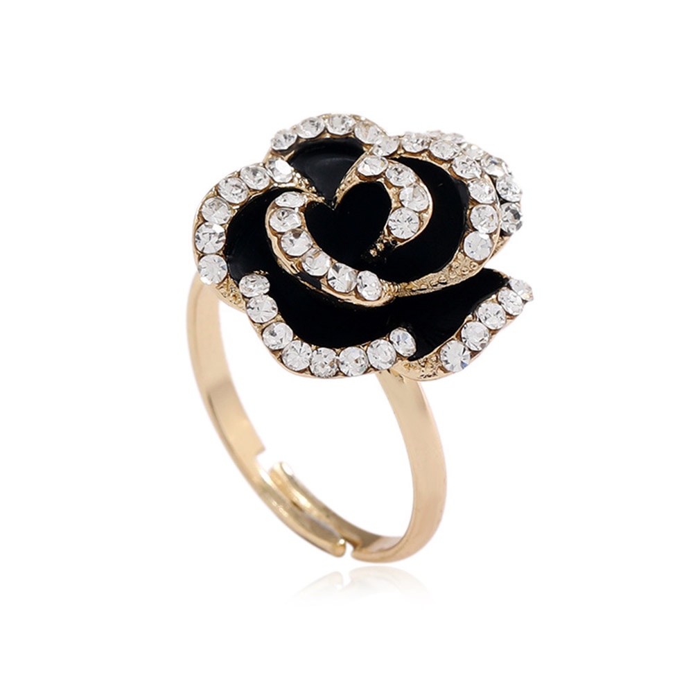 Cincin Wanita Bentuk Bunga Mawar Hitam Adjustable Warna Emas Gaya Vintage Untuk Hadiah Valentine