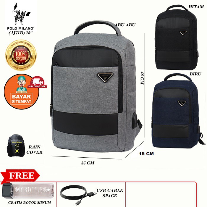 TAS RANSEL PRIA POLO MILANO - IJ71B - TAS IMPORT - USB ANTI AIR - MULTIFUNGSI FREE BOTOL - TERMURAH