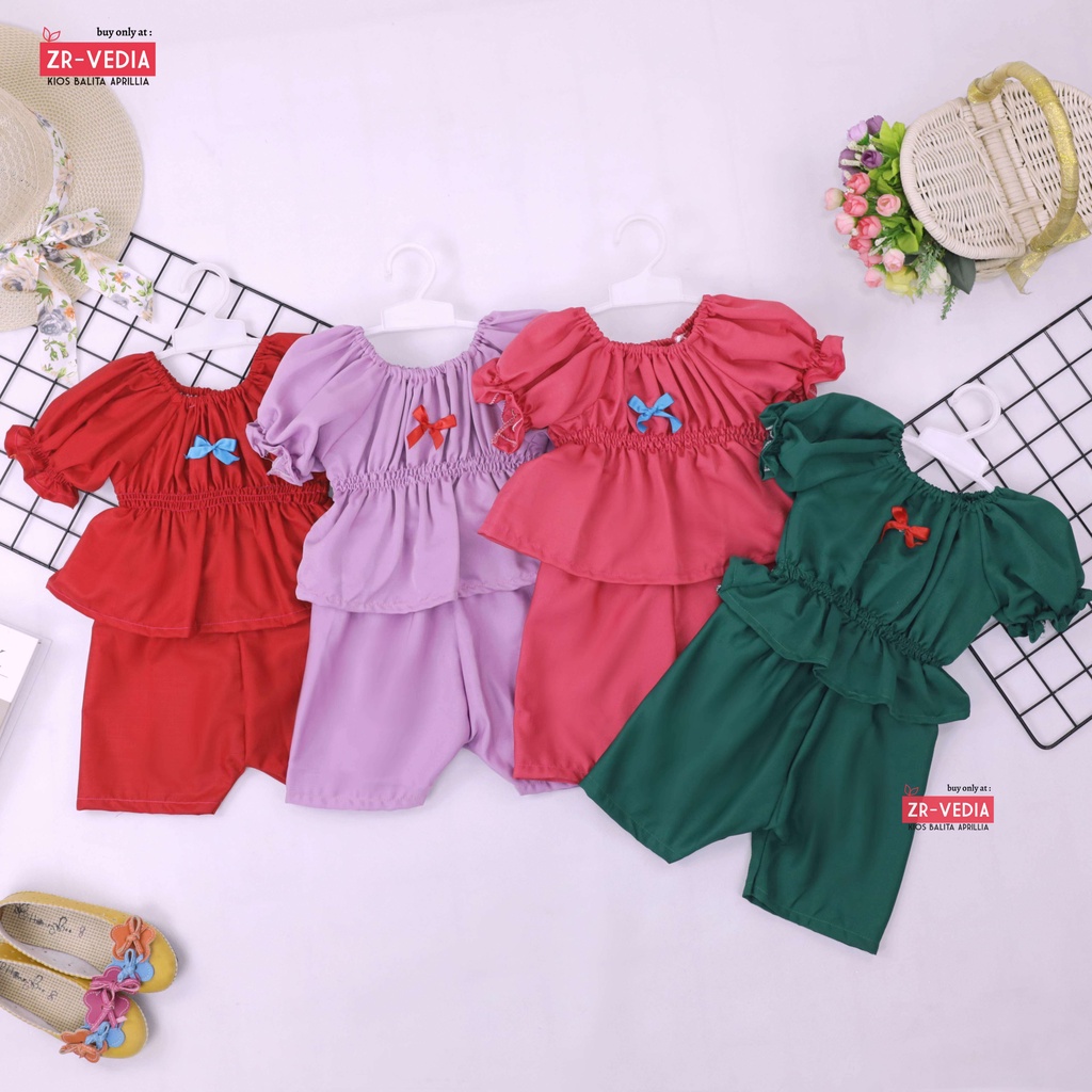 Neisya Set uk Bayi - 2 Tahun / Setelan Lengan Pendek Balon Celana Anak Perempuan Polos Atasan Import ZR Vedia