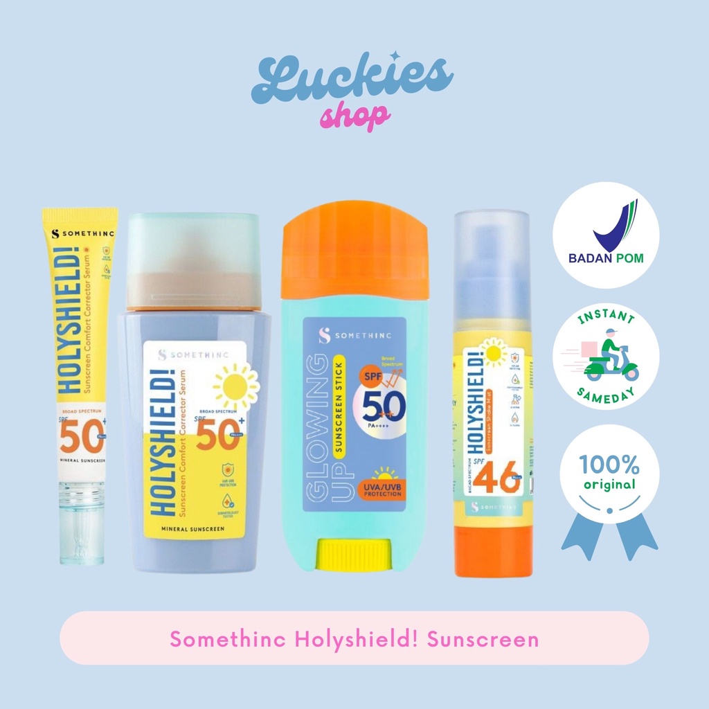 Somethinc Holyshield! Sunscreen Comfort Corrector Serum Glowing Up Sunscreen Stick Shake Mist SPF 50+ PA++++ Sunblok Wajah Sunblok Muka