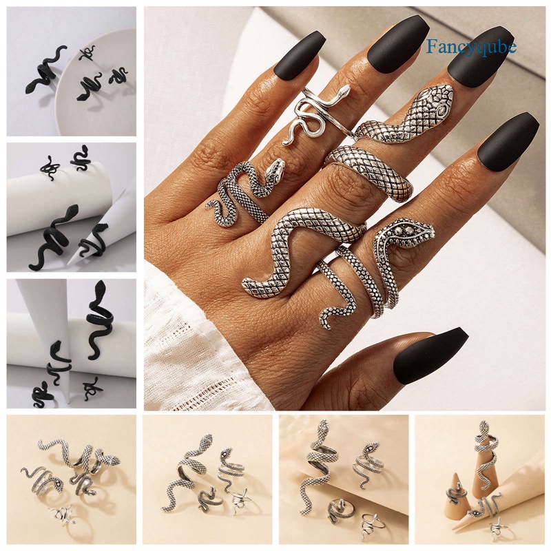 Fancyqube 4pcs / Set Cincin Bentuk Ular Bahan Metal Alloy Warna Silver Gaya Vintage Gothic Untuk Pria Dan Wanita