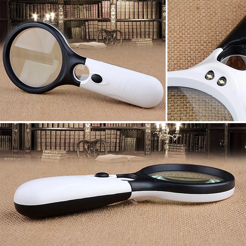 2in1 Kaca Pembesar Dengan Lampu 3 LED Magnifier Gelas Loop Magnifying Lup Zoom mata uang jewelry Baca 3X 45X 75mm 22mm