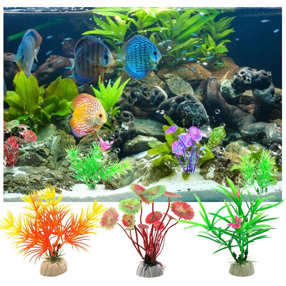 BUNGA PLASTIK HIAS AQUARIUM | Tanaman Aksesoris Akuarium | Pohon Daun Batu Tambahan Hiasan Ikan FEFARM