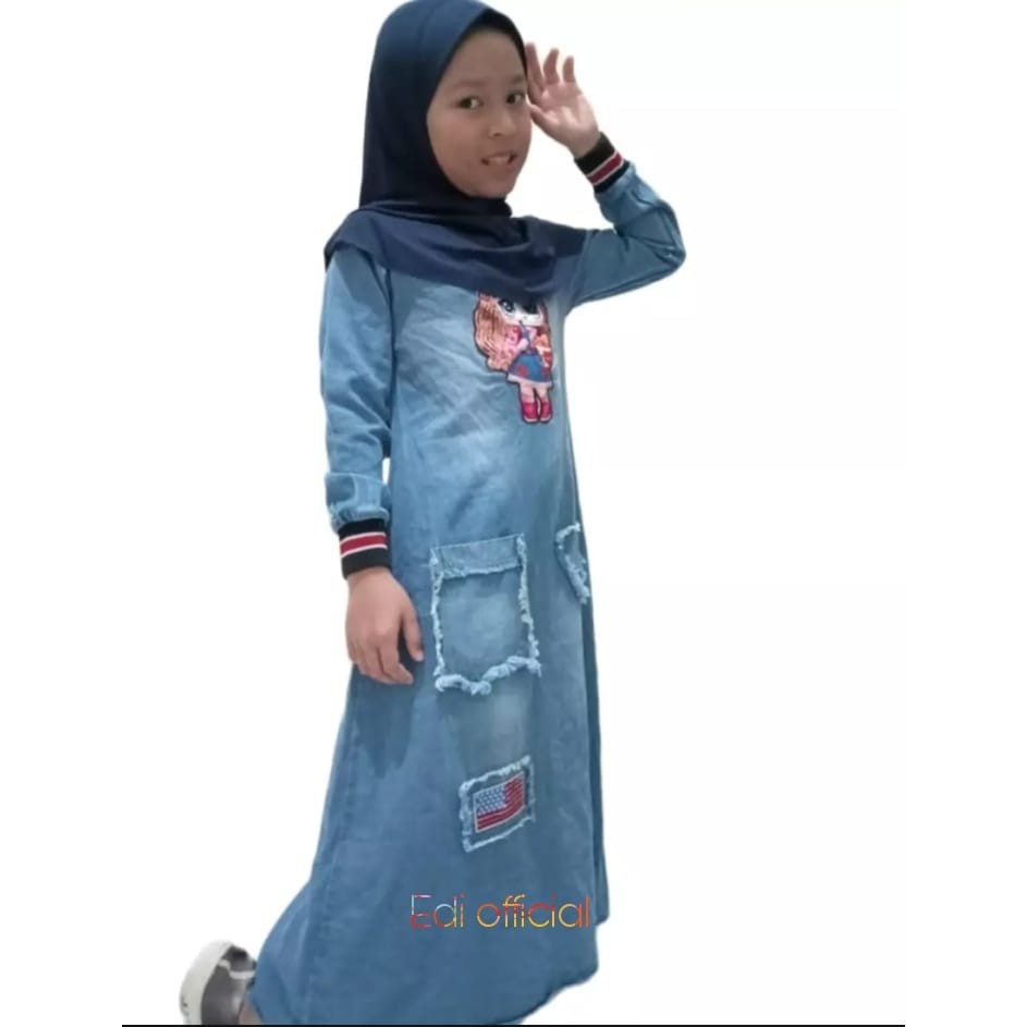 Terlari - Gamis Terbaru -Gamis Jeans Anak LOL 2-10 thn Free Tas + Kerudung