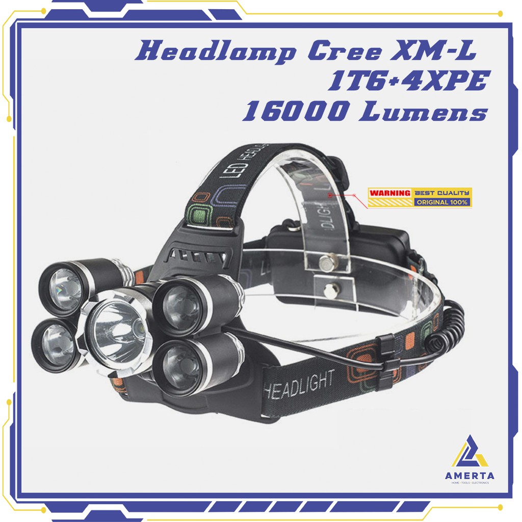 Headlamp Cree XM-L 1T6+4XPE 16000 Lumens - TaffLED - Black