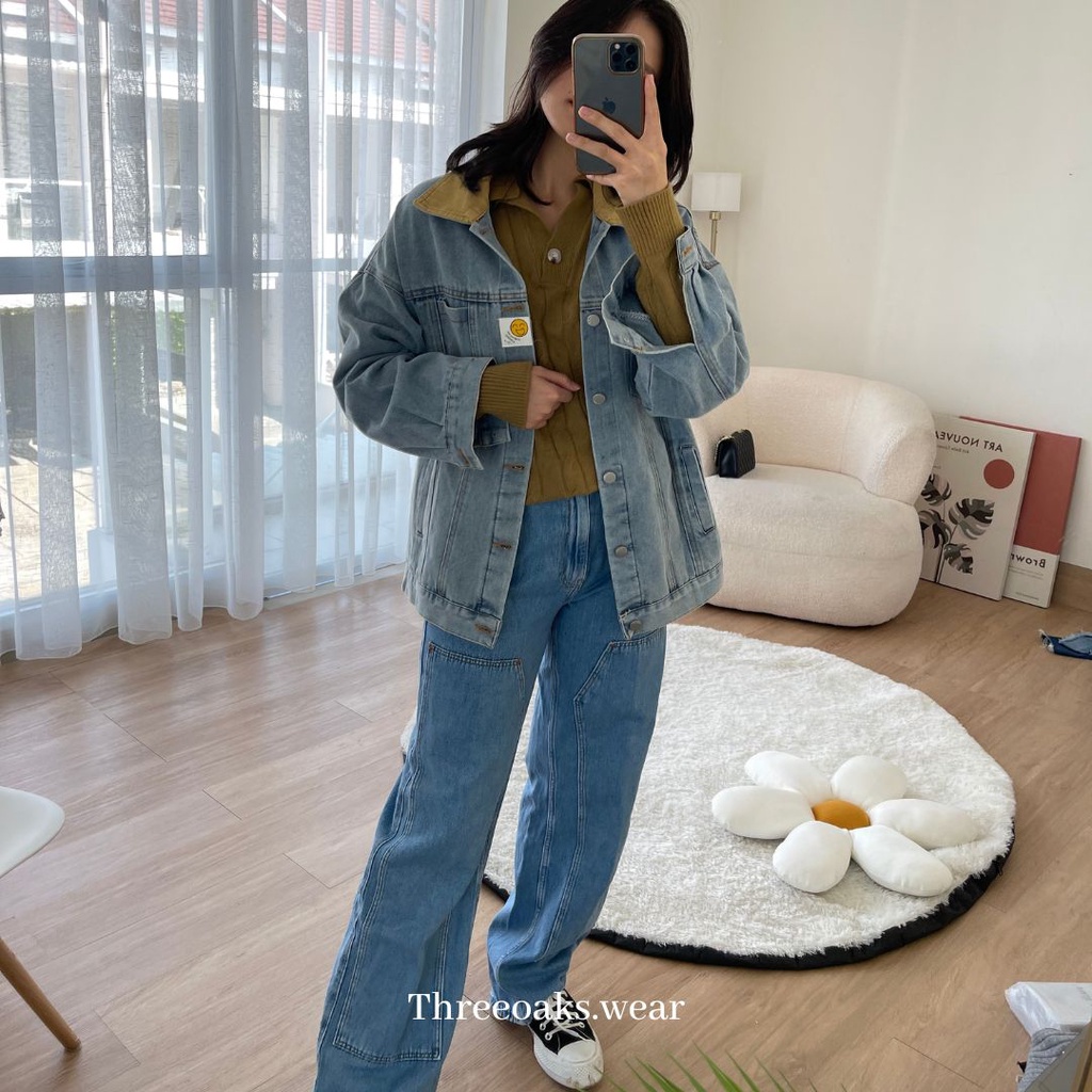 HAPPY JAKET JEAN OVERSIZE PREMIUM IMPOR DENGAN TANGAN BESAR DAN KERAH KUNING