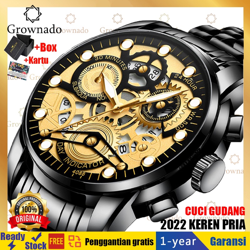 【Harga Terendah】✅Jam Tangan Pria Grownado✔ Anti Air + Anti Gores Quartz Bisnis Kalender Stainless Steel（Free BOX+Kartu）