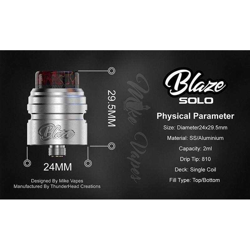 Atomizer Vape Vapor RDA Blaze Solo RDA 24MM Authentic By Thunderhead