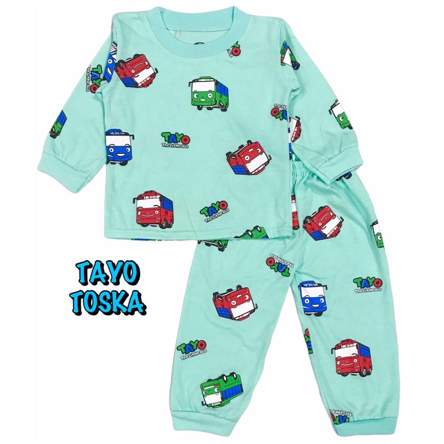 BAJU TIDUR ANAK KIDS LAKI-LAKI/COWOK SETELAN/STELAN BAHAN KAOS KATUN PP WARNA TOSKA BUS/MOBIL