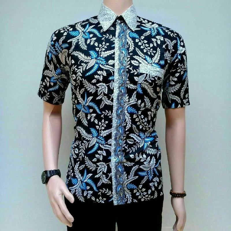 Risna Batik HRB026 kenongo Kemeja Hem pendek padi pekalongan M L XL MURAH KEREN bati pria wajik biru