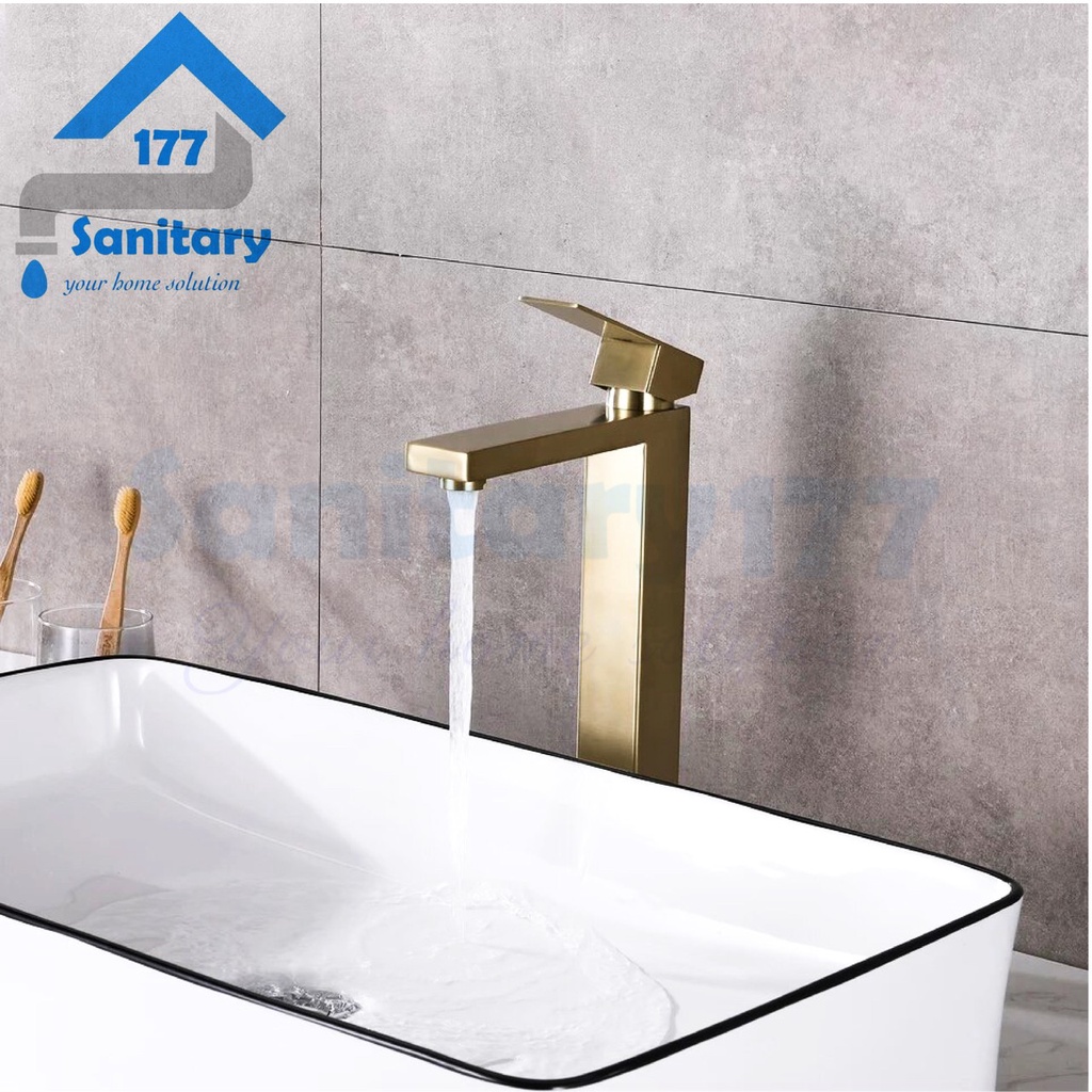 Kran Wastafel Tinggi dingin GOLD Kuningan 412G-Keran air washtafel 30cm tebal brass basin faucet tall emas keran sink cuci tangan