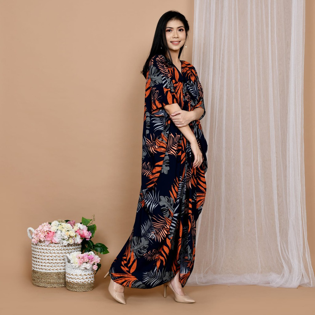 BAJU KAFTAN MOTIF KEMBANG DAUN BAHAN RAYON PREMIUM LEMBUT ukuran ALL SIZE VACATION STAYCATION DRESS