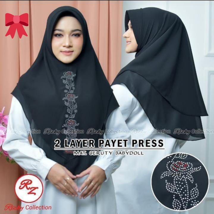 HIJAB PAYET MAWAR CERUTY 2 LAYER KHIMAR PAYET MAWAR BEST SELLER