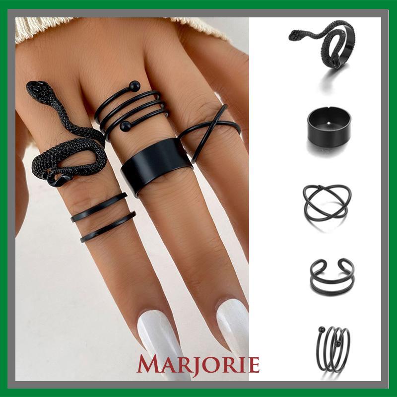 5PCS kreatif ms. Jane cincin wanita menggabungkan cincin ular hitam geometri-MJD