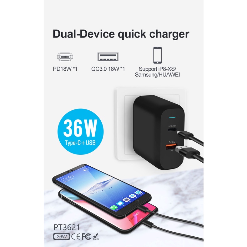 AKN88 - WIWU POWER TURBO PT3621 - Dual USB Wall Charger PD and QC3.0 - 36W MAX