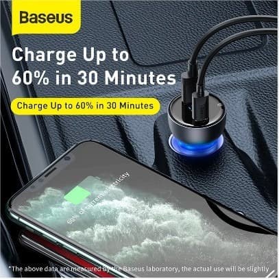 BASEUS 65W CAR CHARGER MOBIL FAST CHARGING TYPE C PD+USB QUICK CHARGE - Charger type c