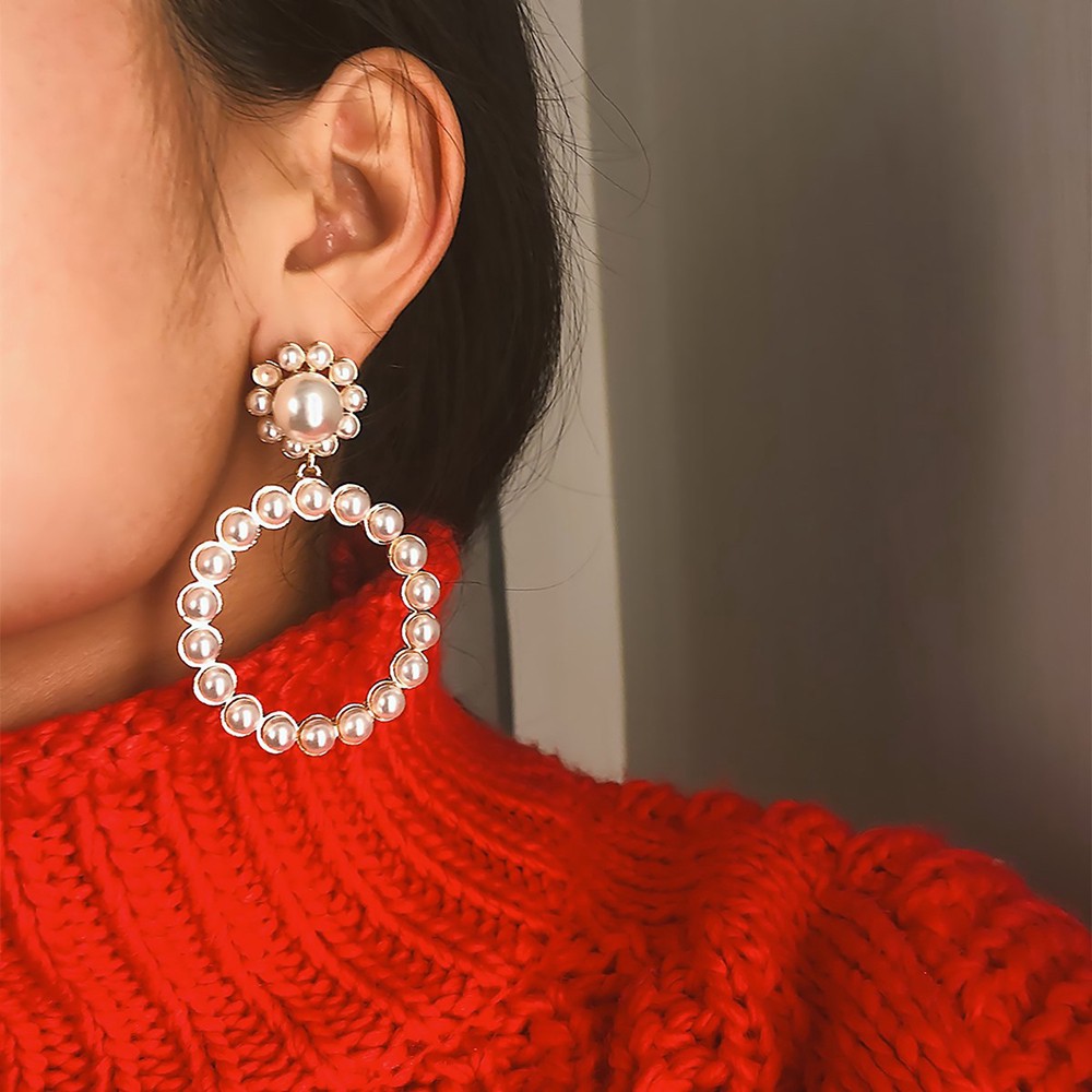 ANTING CUTIE Anting Giwang Model Geometri dengan Mutiara + Berlian Imitasi untuk Wanita
