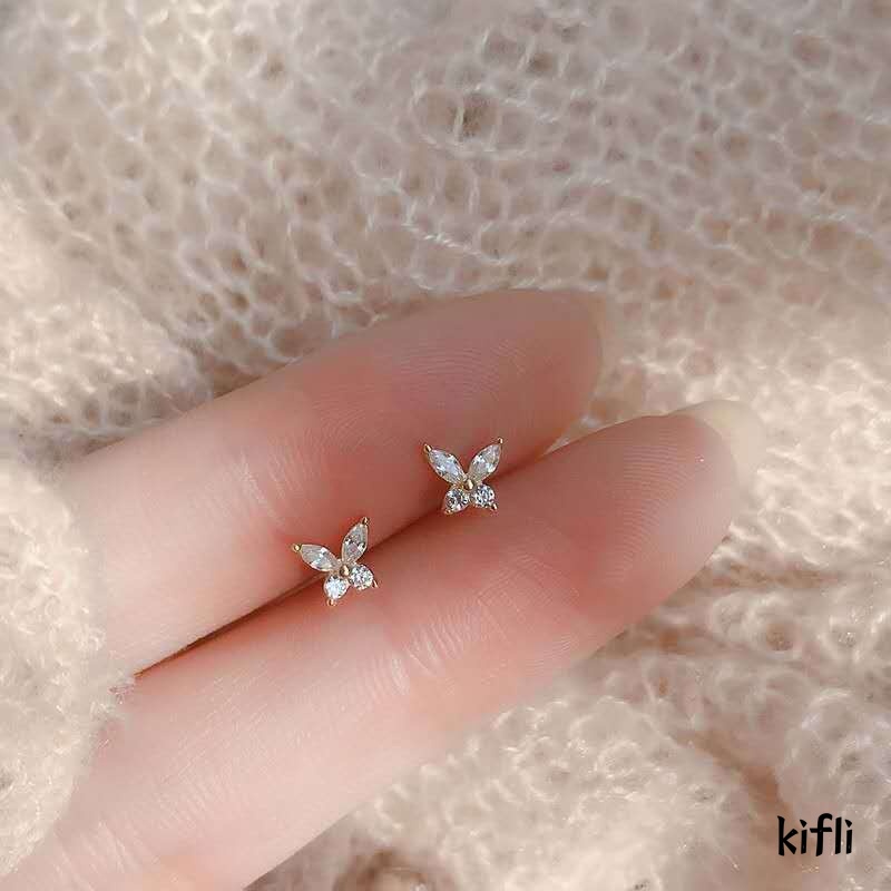 2 Pcs Perak Jarum Zirkon Anting-Anting,Bunga Kupu-kupu Huruf, Sendok Tulang Telinga Kuku,Wanita Fashion Aksesoris