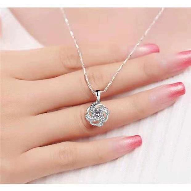 ANTI KARAT Kalung + Liontin Wanita Zircon DIAMOND FLOWER D-45 Sterling Silver Plated Perak S925 S925