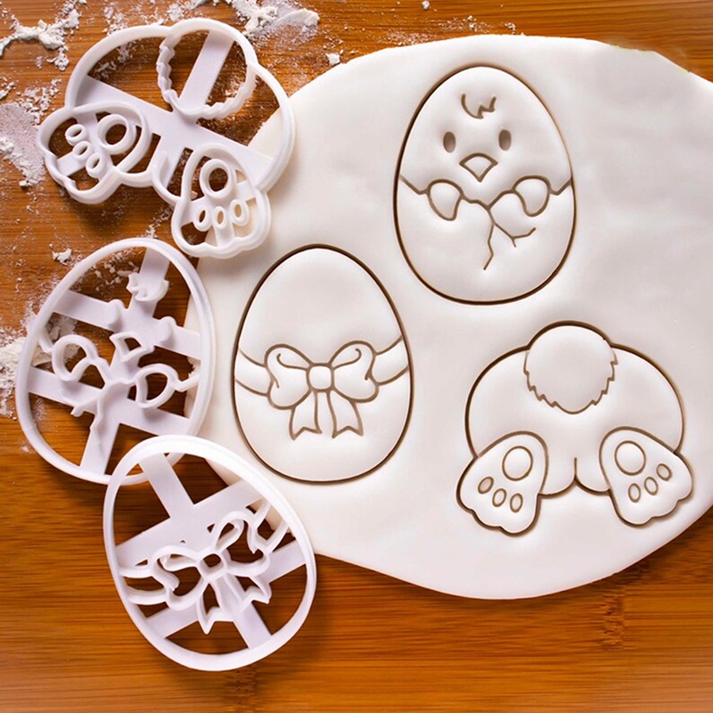 3pcs Cetakan Pemotong Adonan Kue Fondant Desain Easter Egg Chicken Rabbit Untuk Dekorasi