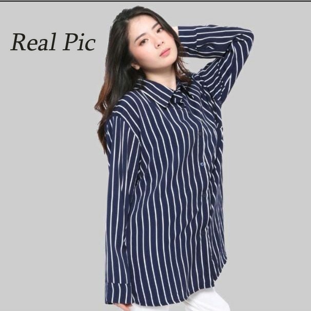 S8 Kemeja Yobel Baju Blouse Wanita Premium Stripe Kemeja Kantor Fashion Cewek Keren Garis Berkualita