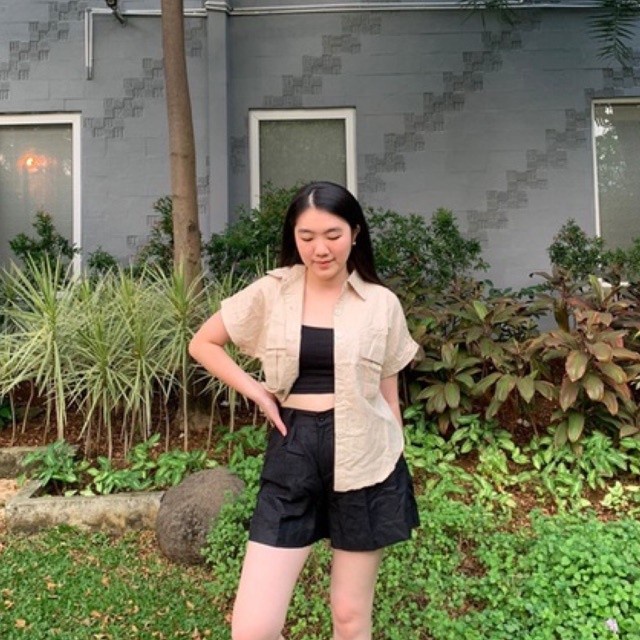 BAJU HEM ATASAN KEMEJA KERAH CASUAL CEWEK REMAJA WANITA DEWASA LINEN LENGAN PENDEK SHIRT- T-SHIRT PO