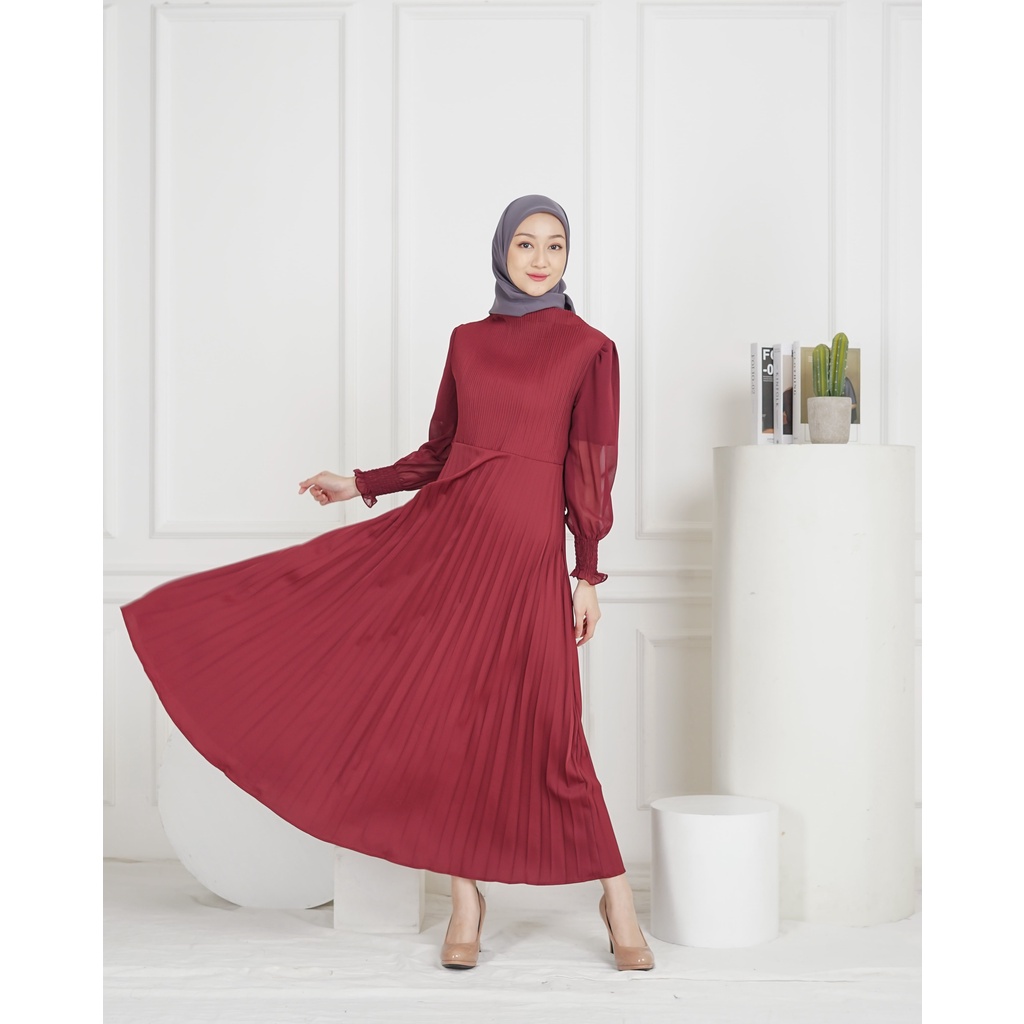 DEMORIN- Gamis Plisket mix Tile Fashion Wanita Muslim Premium - DEMORIN