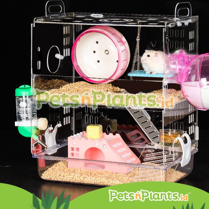 Kandang Hamster Akrilik 2 Tingkat Lengkap Import PnP Crystal Clear Acrylic Cage