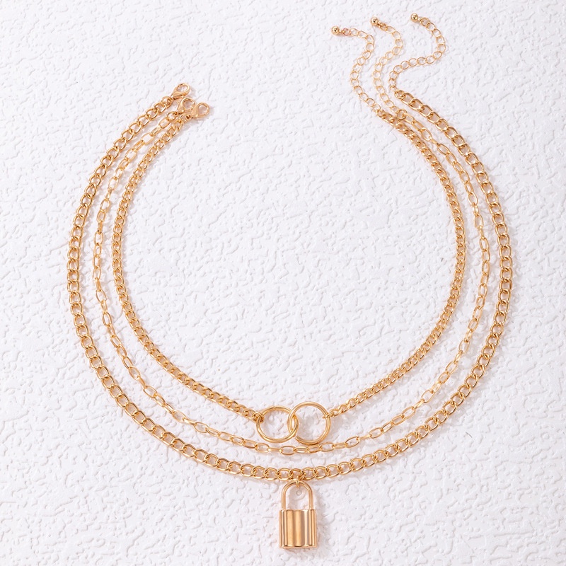 2022 Kalung Rantai alloy Tiga Lapis Dengan Liontin Gembok Geometris Untuk Wanita