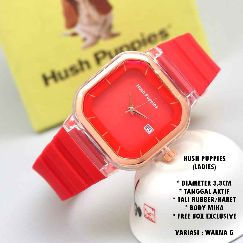 (FREE BOX) JAM TANGAN WANITA HUSH PUPPIES TALI RUBBER BODY SEGI TANGGAL AKTIF