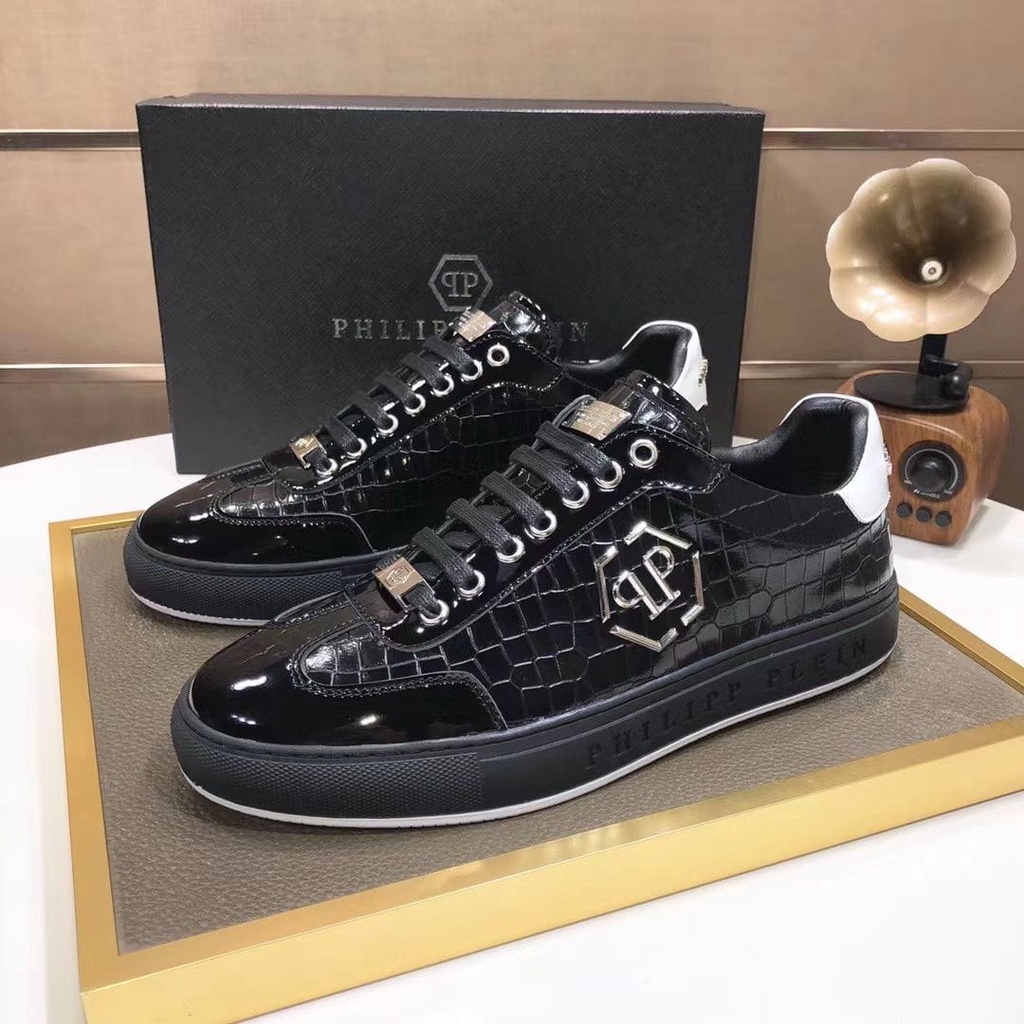 sepatu philipp plein sneaker pria hitam pp mirror men shoes run away black leather p1shoes