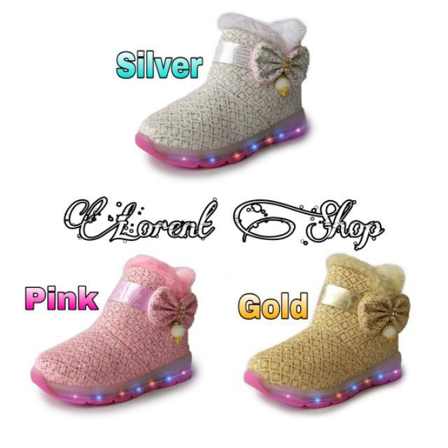  Sepatu  anak  Boots  Perempuan LED glitter Pesta lampu 