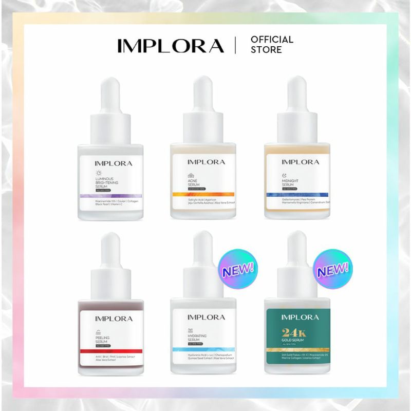 Implora serum wajah / IMPLORA HYDRATING SERUM/ IMPLORA ACNE SERUM/ IMPLORA MIDNIGHT SERUM/ IMPLORA LUMINOUS SERUM/ SERUM WAJAH