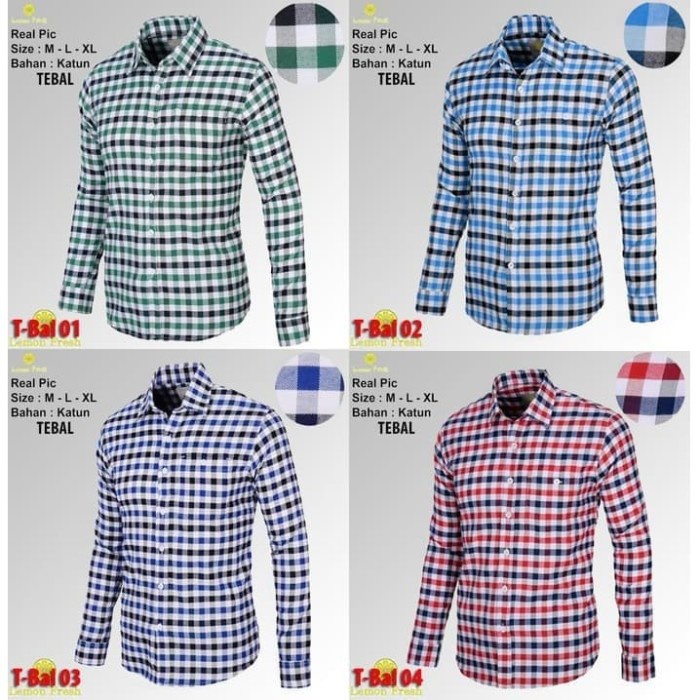TERLARIS KEMEJA PRIA T-BAL SLIMFIT MOTIF KOTAK-KOTAK LENGAN PANJANG BAHAN TEBAL - Biru, M