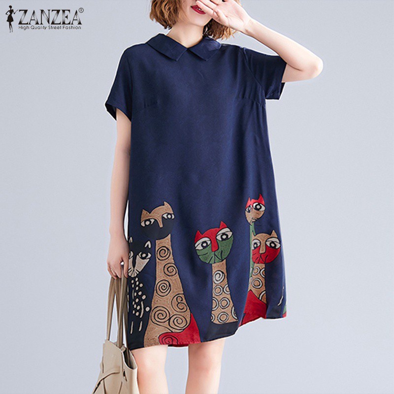 ZANZEA Women Vintage Short Sleeve Turtleneck Animal Printed Midi Dress