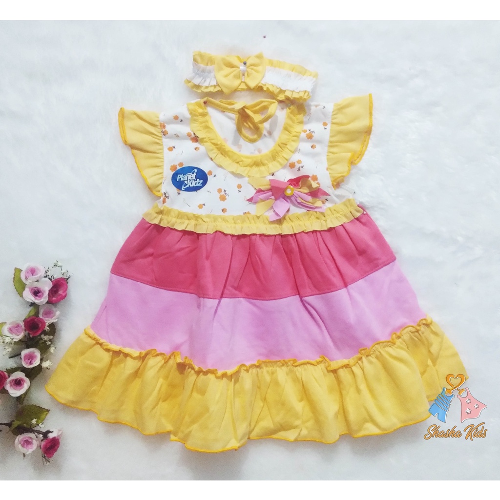 [S-033] Baju Bayi Perempuan /Dress Bayi Perempuan Planet Kids  cantik Murah 0-6 bln Bonus BANDANA &amp; Celana dalam Bayi