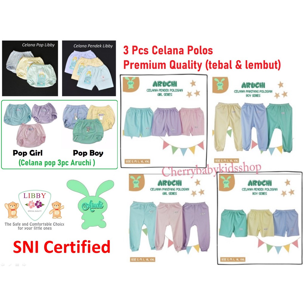 3 Pcs ARUCHI Celana Pop Pendek Panjang POLOS Bayi / Anak Warna Premium CBKS