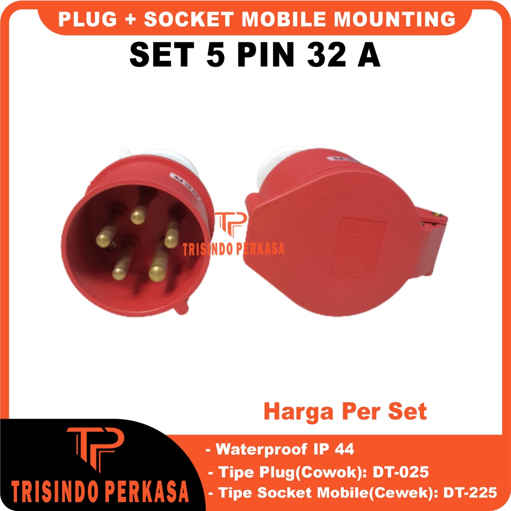 Plug Steker Socket industri/Industry Mobile Mounting 5 Pin 5P 32A (025 + 225) IP44 5 Kaki 5Kaki 32 Ampere