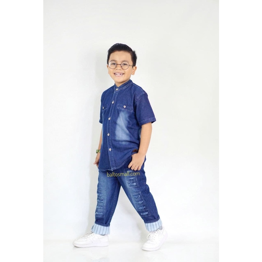 SETELAN ANAK LAKI KEMEJA JEANS KERAH DAN CELANA PANJANG RIPPED BENDERA 1-9 TAHUN- ST01-1
