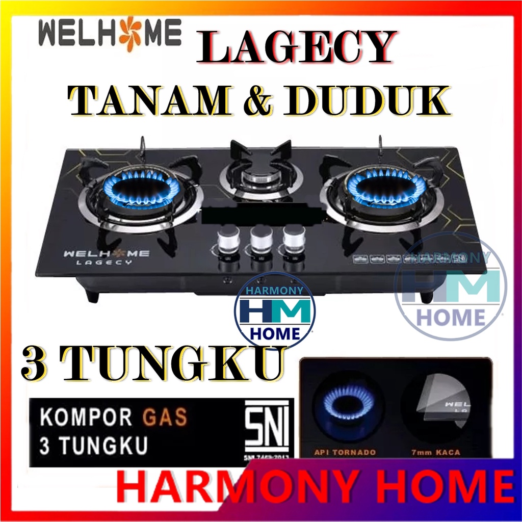 Kompor Gas Kaca 3 Tungku/2tungku Kompor Gas Kaca Tanam Tempered Glass-WELHOME