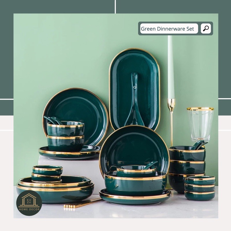 Green Dinnerware Set 6 orang / Piring makan set / piring keramik set / piring keramik