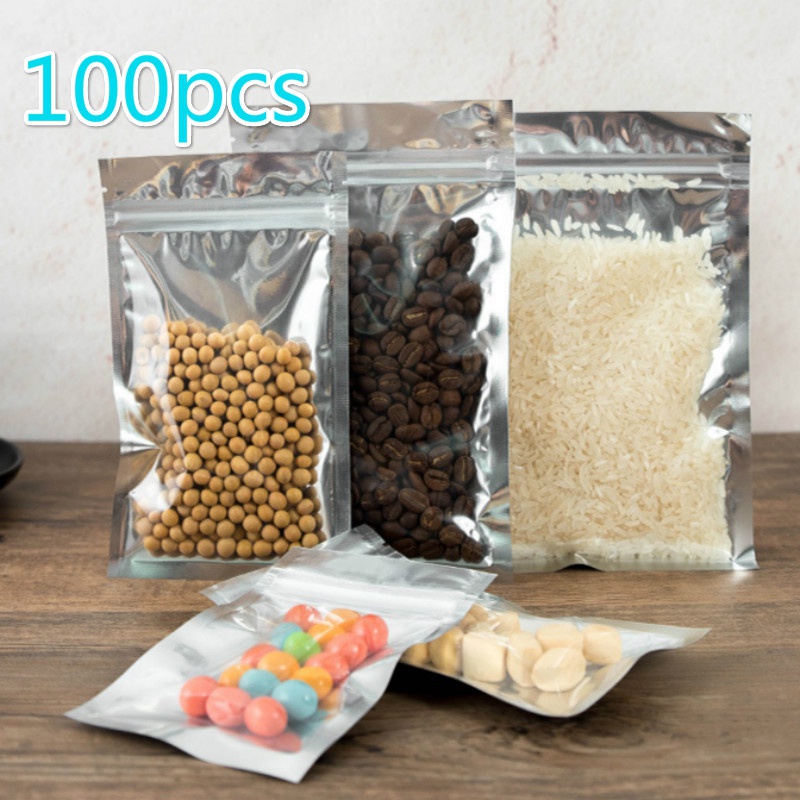 100pcs Resealable Aluminized Self Sealed Package Bag Plastic Food Snack Storage Bags