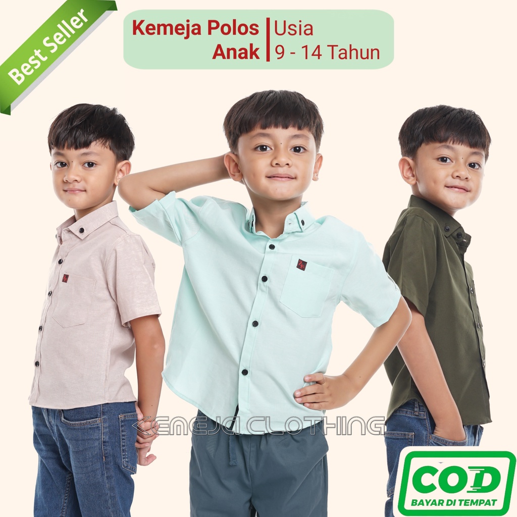 Baju Kemeja Hem Anak Laki Laki Cowok Laki2 Polos Lengan Pendek Usia 9 10 11 12 13 14 Tahun Hijau Arm
