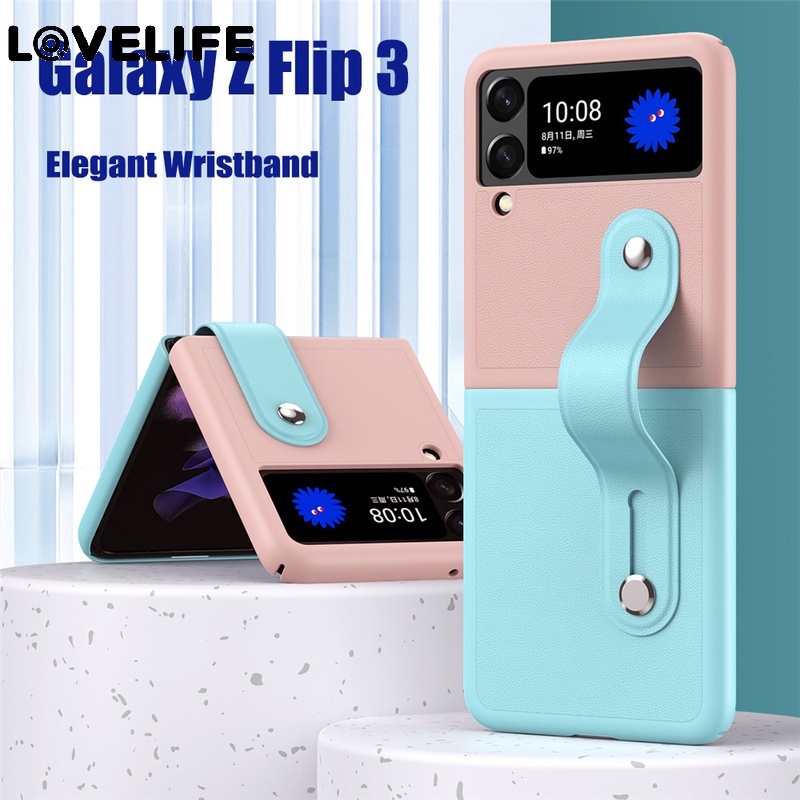 Case Pelindung Bahan Kulit Pu Warna Blok Dengan Tali Pergelangan Tangan Untuk Samsung Z Flip 3