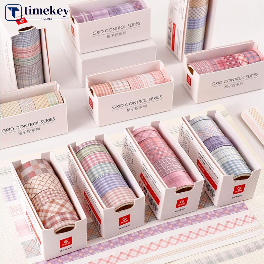 Timekey 6pcs / set Stiker Kertas / Selotip Washi Motif Kotak-Kotak Untuk Dekorasi Scrapbook / Diary A4K2