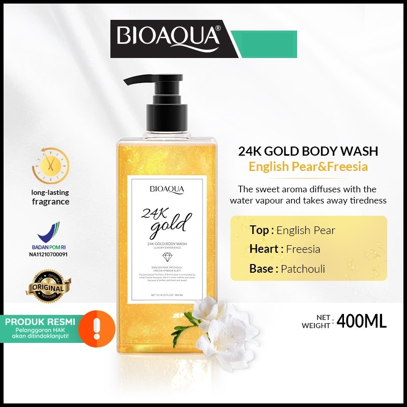 ★ BB ★ BIOAQUA 24K Gold Body Wash 400ml - Shower Gel English Pear &amp; Freesia Scent - Sabun Mandi Cair Sabun Kecantikan Long lasting Fragrance【BPOM】