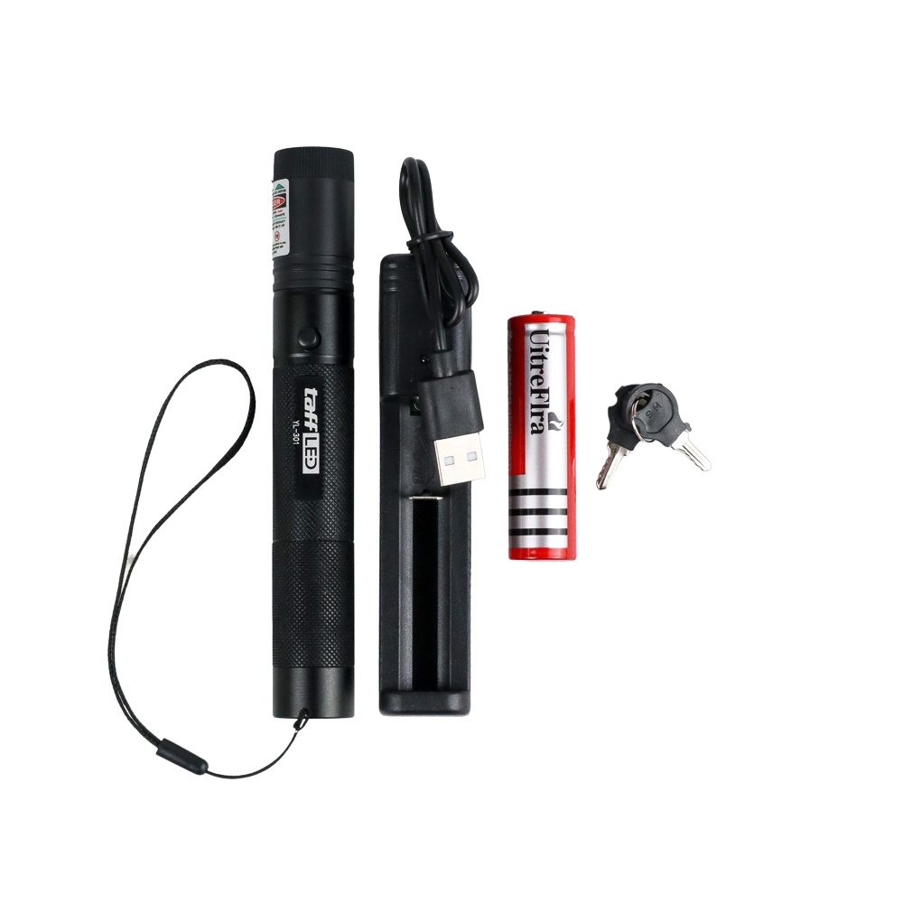 TaffLED Green Beam Laser Pointer 1MW 532NM with Baterai+Charger - YL-301 - Black